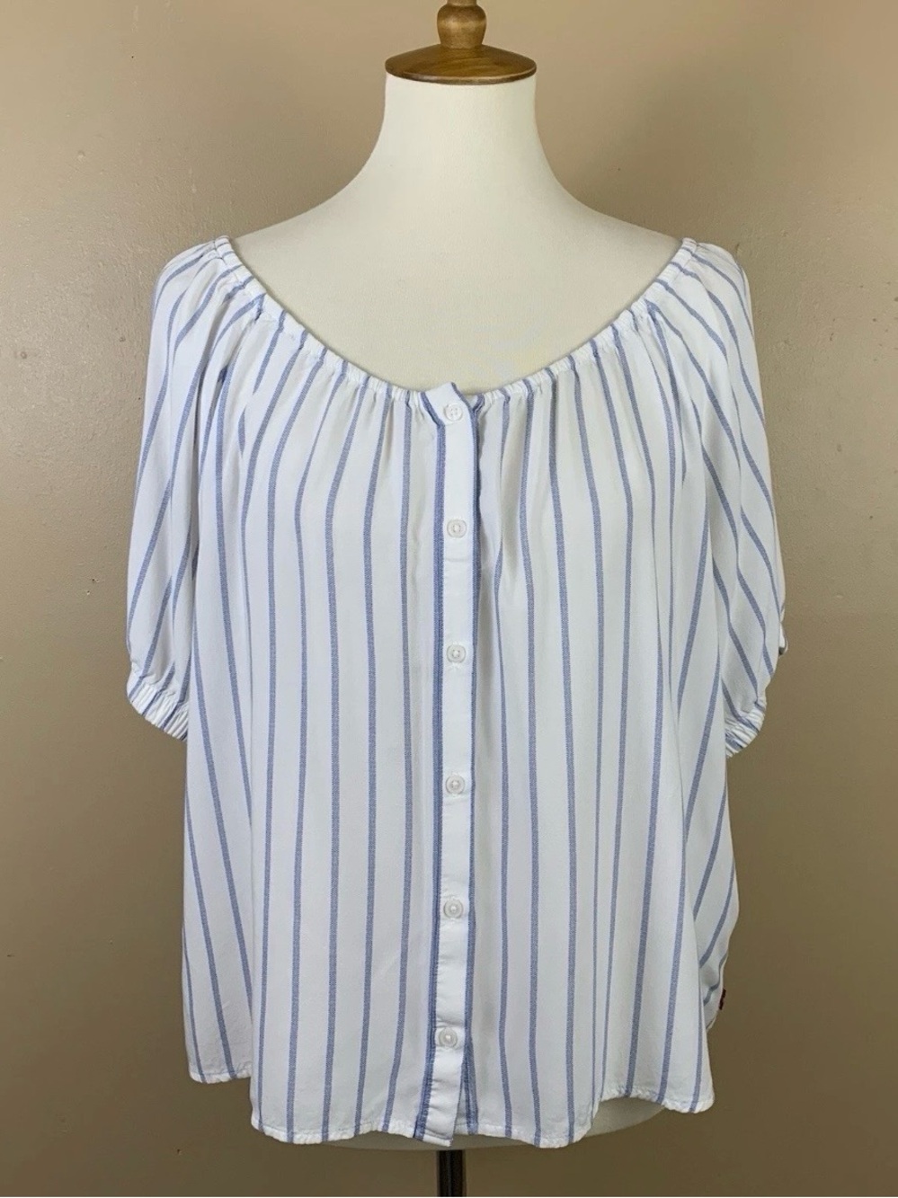 Levis Blouse Womens Large White Blue Stripe Puff Sleeve Lightweight Nautical Top